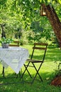 Idyllic setting of a table and wooden chair