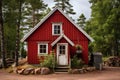 Idyllic Small red wooden house in sun light. Generate Ai Royalty Free Stock Photo