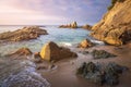 Idyllic spanish beach landscape on sunrise. Amazing beach. Perfect view on sea. Seascape of sandy beach