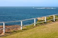 Picturesque and breathtaking oceanside landscape with grass and white wood guardrail on cliff by sea in Sydney, Australia Royalty Free Stock Photo