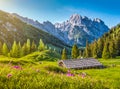 Idyllic spring landscape in the Alps with traditional mountain chalet Royalty Free Stock Photo