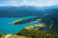 Idyllic spring landscape in the bavarian alps, view to lake Walchensee from mountain top