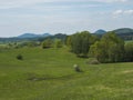 Idyllic spring landscape lucitian mountains, with lush green grass meadow, fresh deciduous and spruce tree forest, hills Royalty Free Stock Photo