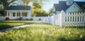 Idyllic Suburban Home with White Picket Fence Royalty Free Stock Photo