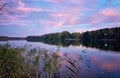 Idyllic summer landscape. Blue water surface in the natural landscape. Beautiful reflection of reeds and foliage of trees. Green Royalty Free Stock Photo