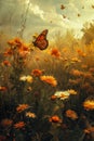 Idyllic Summer Landscape with Golden Flowers and Monarch Butterfly in Sunlit Field Royalty Free Stock Photo