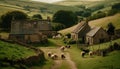 Idyllic summer landscape with grazing cattle on rustic dairy farm generated by AI Royalty Free Stock Photo