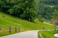 Idyllic summer landscape with hiking trail and beautiful fresh green pastures and trees