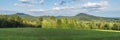 Idyllic summer panoramic landscape in lucitian mountains, with lush green grass meadow, fresh deciduous and spruce tree Royalty Free Stock Photo