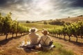 An idyllic, summer winery scene, featuring a gau couple picnic among the sun-kissed rows of grapevines, set against a picturesque Royalty Free Stock Photo