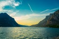 Idyllic sunset over Lake Como and Monutains taken from Lecco city, Lombardy, Italy Royalty Free Stock Photo