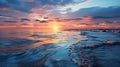 Idyllic sunset over a tranquil beach with rolling waves washing up to the shore, AI-generated. Royalty Free Stock Photo