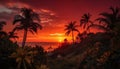 Idyllic sunset silhouette, palm tree beauty in nature, tranquil seascape generated by AI