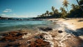 Idyllic sunset, tranquil seascape, palm tree, relaxation, tropical vacation generated by AI