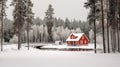 Idyllic Swedish house in winter scenery, Red cottage in pine forest. Generative AI Royalty Free Stock Photo