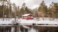 Idyllic Swedish house in winter scenery, Red cottage in pine forest. Generative AI Royalty Free Stock Photo