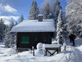 Idyllic Swiss alpine mountain huts dressed in winter clothes and in a fresh snow cover, SchwÃÂ¤galp mountain pass - Switzerland