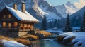 In the idyllic Swiss Alps, a cozy chalet sits beside a crystal-clear mountain stream Royalty Free Stock Photo
