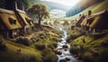 Idyllic Thatched Cottages by a Stream in a Lush Green Valley Royalty Free Stock Photo