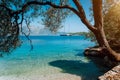 Idyllic tranquil turquoise bay view framed with old olive tree. Luxury yacht in the distance. Summer beach vacation relaxation