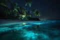 blue night paradise beach sky ocean palm tropical tree vacation luminous. Generative AI.
