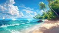 Idyllic Tropical Beach and Sea Landscape with Clear Blue Waters and Palm Trees Royalty Free Stock Photo