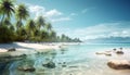 Idyllic tropical landscape, turquoise waters, palm trees, tranquil beach vacation generated by AI Royalty Free Stock Photo