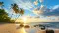 Idyllic tropical sunrise, palm trees, serene beach. Vacation and relaxing. Golden sky Royalty Free Stock Photo