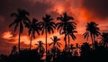 Idyllic tropical sunset, palm tree silhouette back lit by sun generated by AI Royalty Free Stock Photo