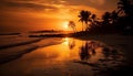 Idyllic tropical sunset, palm trees silhouette against orange horizon over water generated by AI Royalty Free Stock Photo