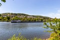 Idyllic view of the bank of the Moselle with cargo ship