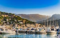 Port de Soller, harbor marina with beautiful mountain landscape, Majorca island, Spain