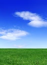 Idyllic view, green field and blue sky with white clouds Royalty Free Stock Photo