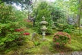 Idyllic view on lantern and rhododendrons bushes and enkianthus campanulatus left corner and wooden entrance to japanese