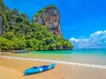 Idyllic view of Railay west beach with a kayak on the golden sand Royalty Free Stock Photo