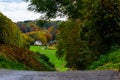 Idyllic view of vineyards in Maastricht changing colours in Autumn with an amazing view over the valley and the forest of the oppo Royalty Free Stock Photo