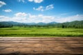 Idyllic view Wooden floor, green rice fields, and expansive blue sky Royalty Free Stock Photo