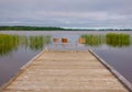 Idyllic view of the wooden pier in the lake with chairs for negotiations Royalty Free Stock Photo