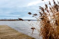 Idyllic view of a wooden pier in a lake with a cloud sky Royalty Free Stock Photo