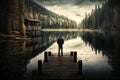 Idyllic view of the wooden pier in the lake with mountain scenery background. Generative AI Royalty Free Stock Photo