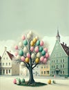 Idyllic village with easter decoration on the street, many colorful eggs under the tree, holiday greeting card, generative ai