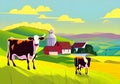 Idyllic and Vivid Countryside Illustration with Grazing Cows and Blue Sky