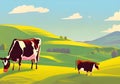 Idyllic Vivid Countryside Illustration with Grazing Cows and Blue Sky with White Clouds