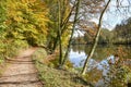 Idyllic walkway along moor ponds ebersberg, upper bavaria in oct