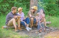 Idyllic weekend. Company friends spend great time picnic or barbecue near bonfire. Group friends spend leisure weekend Royalty Free Stock Photo