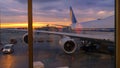 Idyllic window view of a parked airplane and bustling airport on a sunny evening