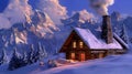 Idyllic Winter Cabin Retreat Amidst Snowy Mountain Peaks at Dusk Royalty Free Stock Photo