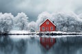 idyllic winter landscape small red wooden house on the lake in the forest with snow