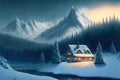 Idyllic winter scene of a cozy cabin near a frozen lake with a forest and majestic snow-capped mountains in the backdrop