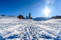 Idyllic winter ski resort wide angle panoramic photo